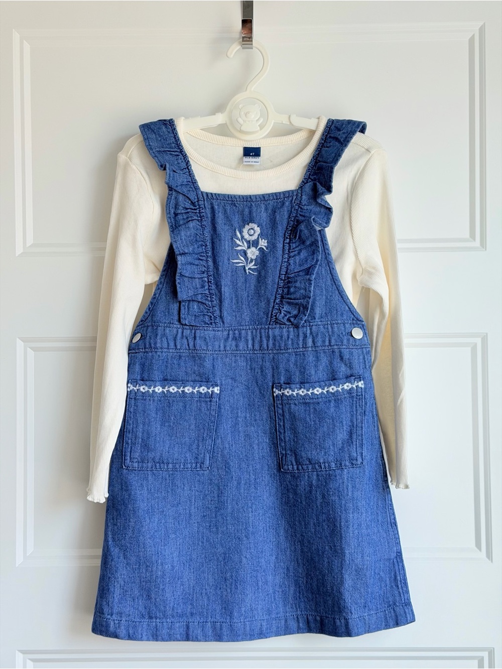Old Navy Blue Denim Pinafore Dress with Embroidered Flower